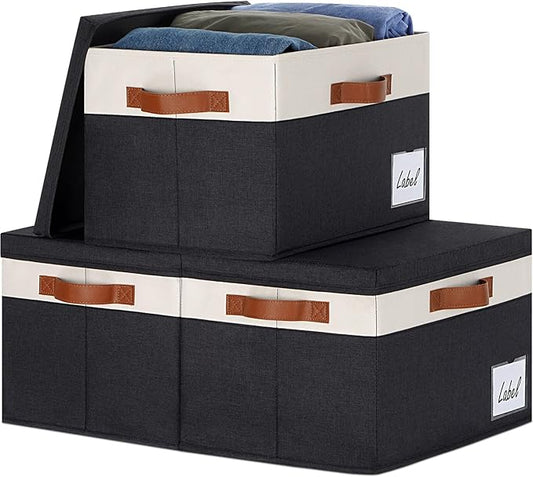 GhvyenntteS Large Storage Bins with Lids (3 Pack), Storage Baskets with Lid and Label Window, Foldable Fabric Storage Boxes with 3 Handles for Home Office College Dorms (Black, 15" x 11" x 9.7")
