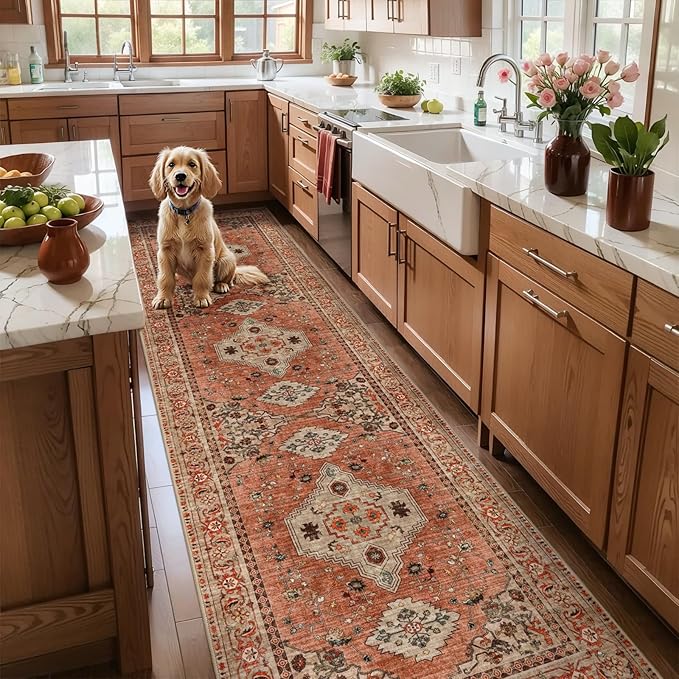 Tangsoo Boho 3x8 Runner Rug for Hallway Long Washable Hallway Runner Rugs, Non Slip Vintage Soft Low Pile Rug Runner, Oriental Terracotta 8ft Carpet Runners for Kitchen Bedroom Entryway Living Room