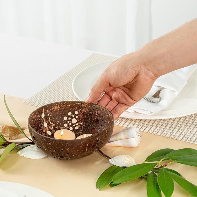 Restaurantware-Coco Casa 5.1 x 2 Inch Coconut Shell Candle Holders, 10 Reusable Tealight Holders - Candle Not Included, Sun Pattern, Brown Coconut Bowls For Candles, Handcrafted