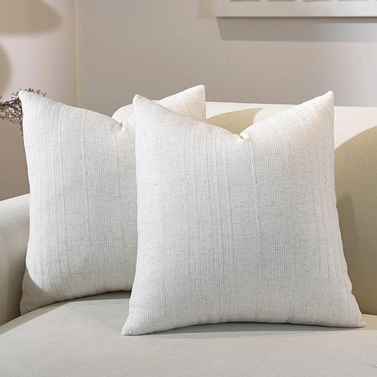 QDTTSRY Natural Linen Throw Pillow Covers Set of 2-22x22 Inch Rustic Striped Farmhouse Decor Pillowcase, Breathable & Soft Neutral Beige Linen Cushion Covers for Couch Sofa Bedroom Living Room