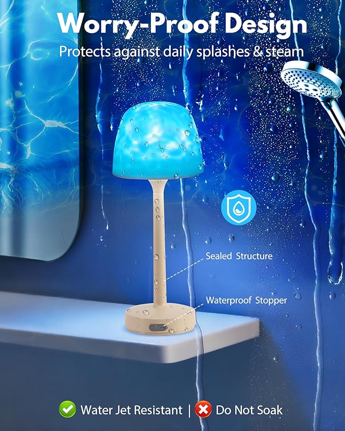 Spa-Like Shower Lamp - Waterproof Bathroom Lamp with 16 Color Ocean Wave Projector, Rechargeable Shower Light with Touch & Remote Control, Cordless Light for Inside Shower/Bathtub