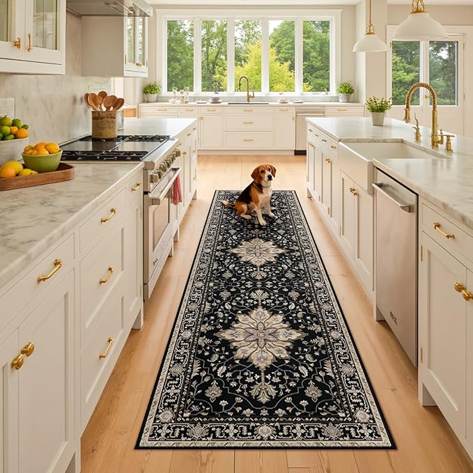 RELEANY Area Rugs 2'6''x8' Washable Non-Slip, Floral Vintage Distress Print Pattern Medallion Carpet for Living Room Bedroom Dining Room, Black Brown Neutral Dark Tan