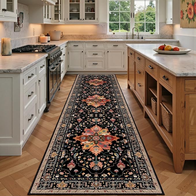 RELEANY Area Rugs 3'x9' Washable Non-Slip, Floral Vintage Distress Print Pattern Medallion Carpet for Living Room Bedroom Dining Room, Black Colorful Floral Dark Tan