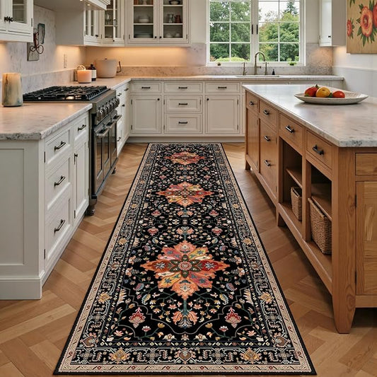 RELEANY Area Rugs 3'x9' Washable Non-Slip, Floral Vintage Distress Print Pattern Medallion Carpet for Living Room Bedroom Dining Room, Black Colorful Floral Dark Tan