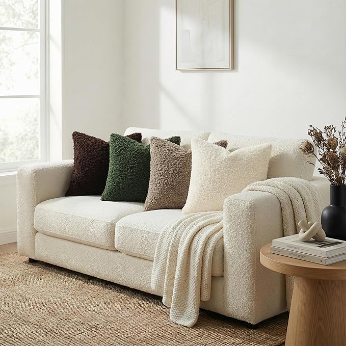 decorUhome Pack of 2 Throw Pillow Covers 24x24 Inch, Faux Fur Decorative Sherpa Pillow Covers Fuzzy Accent Soft Sheepskin Fleece Pillow Cases for Couch Living Room Bed, Neutral Cream