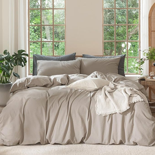 MooMee Bedding Duvet Cover Set 100% Washed Cotton Linen Like Textured Breathable Durable Soft Comfy (Solid Light Tan, Super Queen 90"x98")