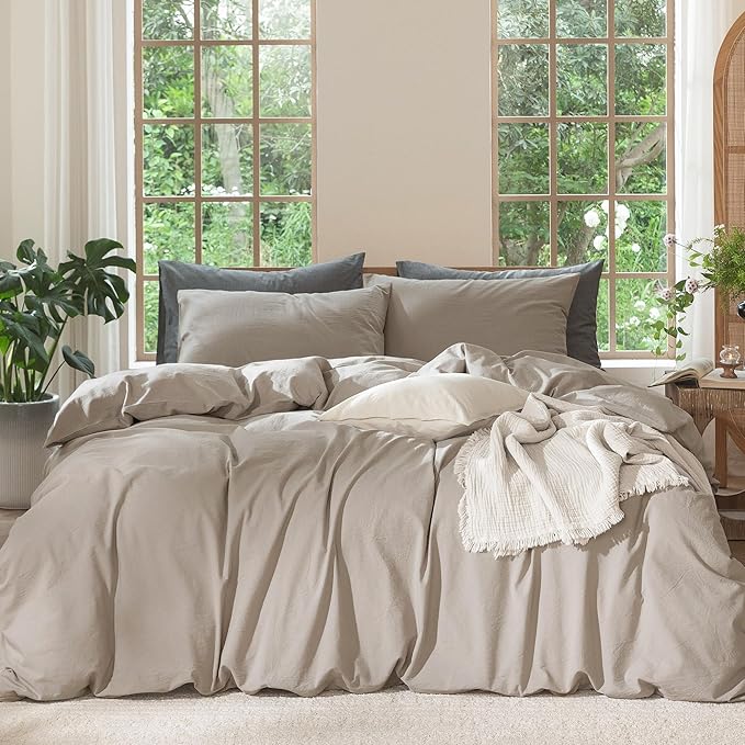 MooMee Bedding Duvet Cover Set 100% Washed Cotton Linen Like Textured Breathable Durable Soft Comfy (Solid Light Tan, Cal King 104"x98")
