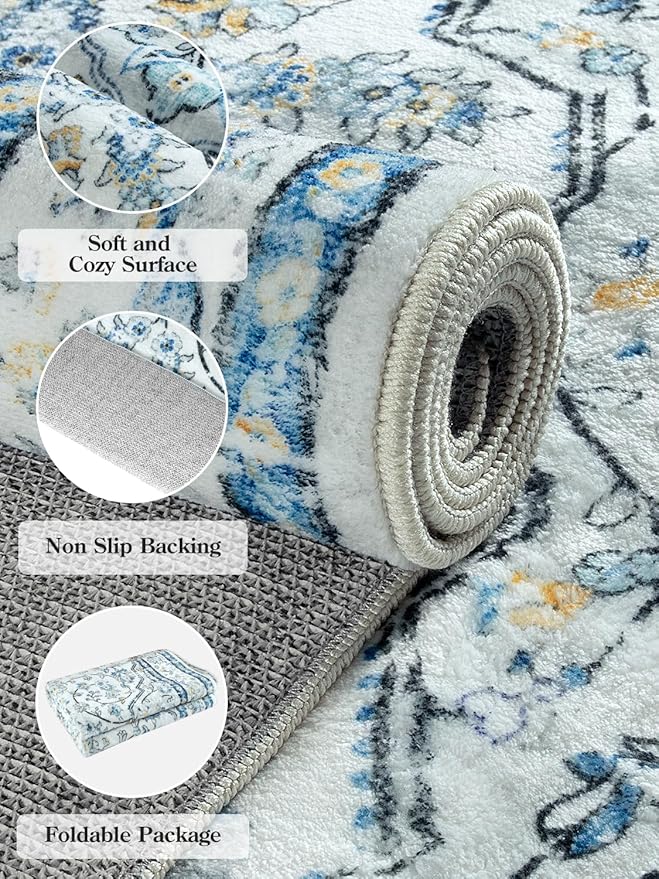 Lahome Oriental Blue Rug,Washable 3x5 Entryway Rugs Non-Slip with Rubber Backing,Soft Boho Front Door Carpet Indoor Entrance,Traditional Vintage Thin Throw Mats for Bathroom Bedroom Kitchen,(3x5ft)