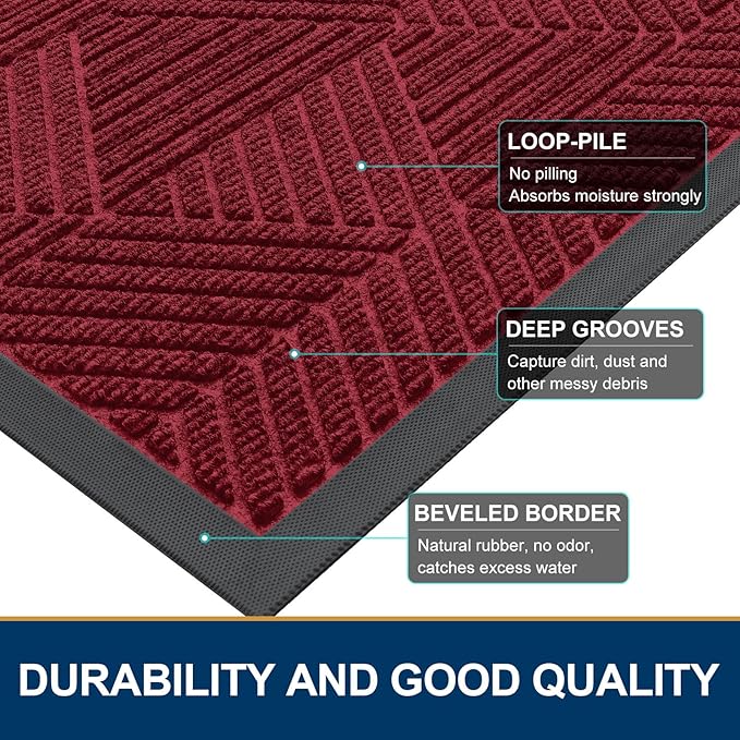 Smiry Half Circle Front Door Mat Outside Entrance, Heavy Duty Sturdy Natural Rubber Doormat, Trap Dirt and Moisture, Low Profile Mats for Indoor Outdoor Entry, Irregular Triangle (29.5x17, Wine Red)