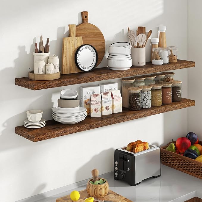 55 Inch Floating Shelves, 8 Inch Deep Floating Shelves for Wall, Hanging Shelf with Invisible Brackets, Deep Shelves for Bathroom, Bedroom, Living Room, Brown, Set of 2