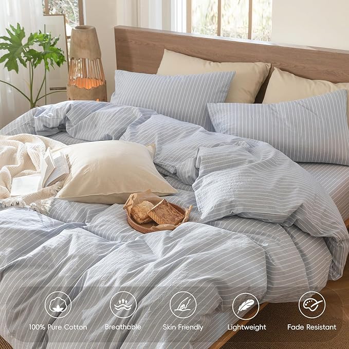 MooMee Striped Duvet Cover Set 100% Washed Cotton Linen Like Textured Breathable Durable Soft Comfy (Cornflower Blue White Wide Stripes, Full 80"x90")