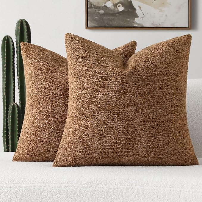 FUTEI Pack of 2 Tobacco Decorative Throw Pillow Covers 26x26 Inch Soft Cozy Solid Boucle Textured Euro Pillow Shams,Modern Home Decor for Couch Bed Living Room