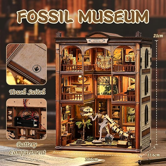 Book Nook Kit, DIY Miniature House Kit Dinosaur Fossil Exhibition Museum with LED Light, 3D Wooden Puzzle Handmade Craft Gift for Adults and Teens - Fossil Museum