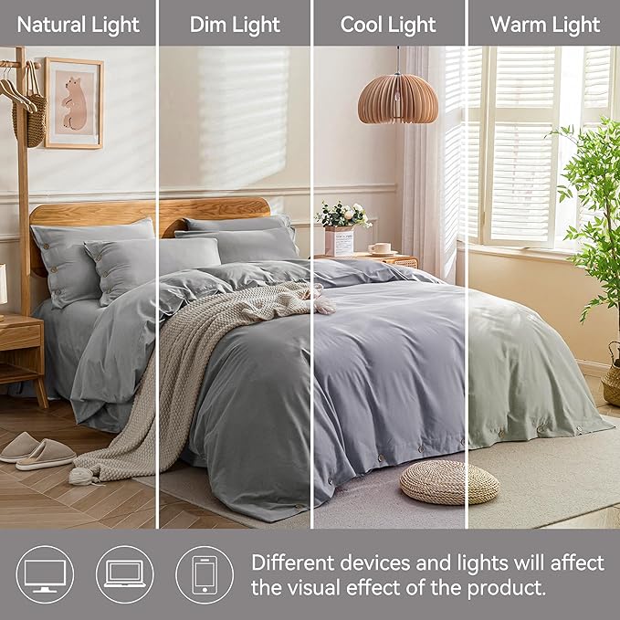 JELLYMONI Cotton Duvet Cover Full Size - Light Gray Comforter Cover with Button 100% Washed Cotton 3PCS Breathable Soft Solid Bedding Set Duvet Cover 80×90in & 2 Pillowcases (NO Comforter)