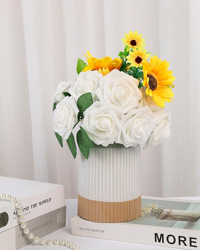 White Ceramic Vases，Flower Vases for Farmhouse Decorative Vases for Dining Table, Living Room, Bedroom, Kitchen, or Office Decor, Set of 2