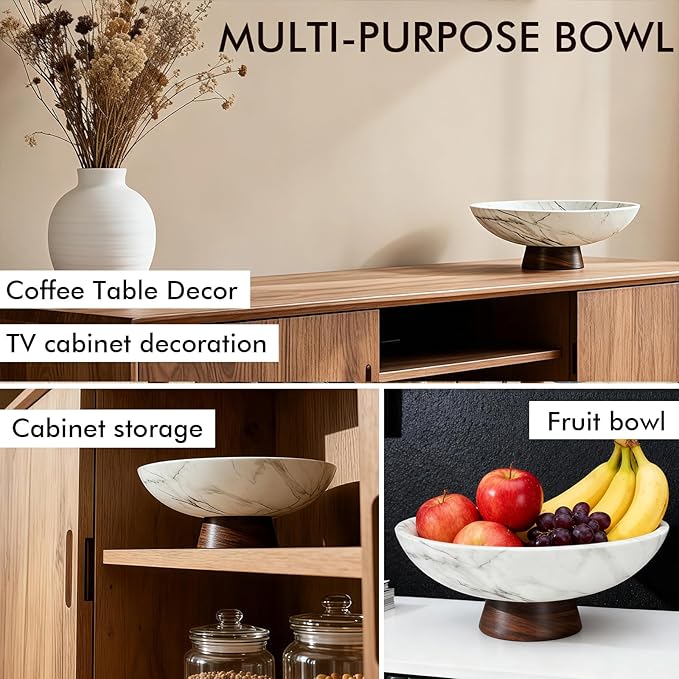 White Marble Decorative Bowl with Acacia Wood Base – 11" Modern Pedestal Fruit Bowl for Table Centerpiece, Entryway or Kitchen Décor