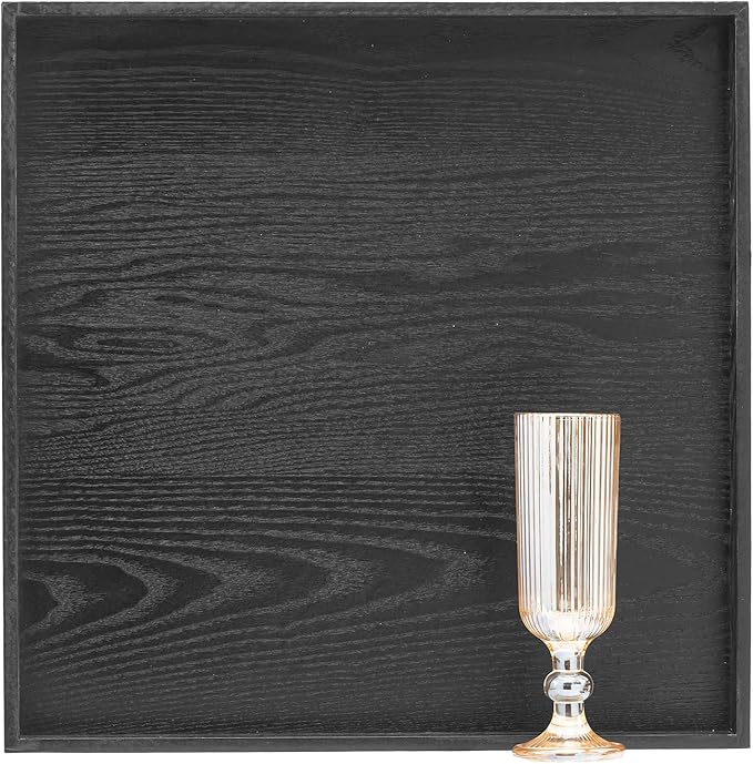 16 x 16 Inches Large Square Black Solid Wood Ottoman Tray, Serve Tea, Coffee or Breakfast in Bed, Classic Wooden Decorative Serving Tray with Raised Edges, Kitchen Party Bar Server Table Tray