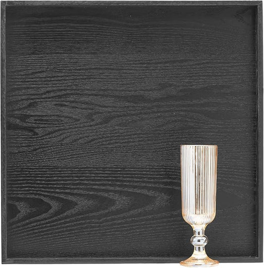16 x 16 Inches Large Square Black Solid Wood Ottoman Tray, Serve Tea, Coffee or Breakfast in Bed, Classic Wooden Decorative Serving Tray with Raised Edges, Kitchen Party Bar Server Table Tray