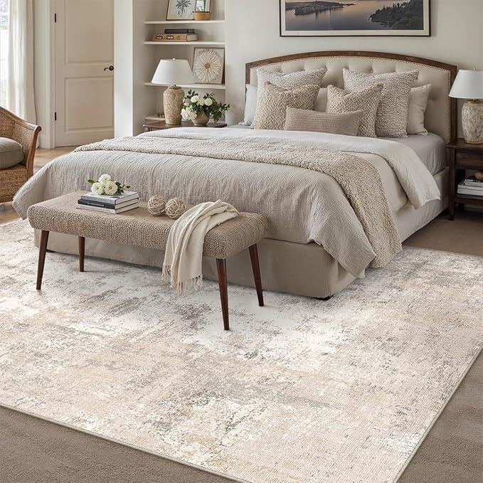 WondRg 6x9 Washable Area Rug Beige Grey Abstract Living Room Bedroom Throw Rug Neutral Modern Non Slip Soft Low Pile Indoor Carpet for Dining Room Office Entryway