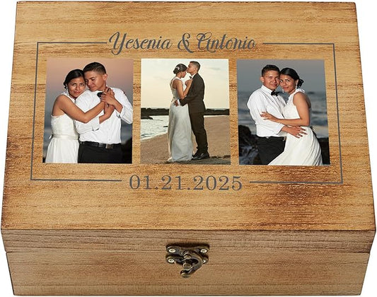 Let's Make Memories Personalized Wooden Keepsake Box With Hinged Lid - Wood Memento Box - Decorative Storage - Home Decor - For Couples, Wedding, Newlyweds - Upload Your Photo - Memories