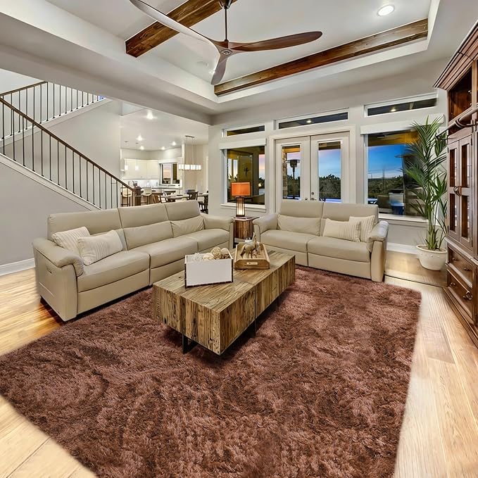 Mtandyx 5x7 Plush Fluffy Area Rugs, Large Soft Carpet, Upgraded Non-Slip Rectangular Rug for Living Room, Bedroom, Kids Room, Dorm, Modern Home Decor Aesthetic,Brown.