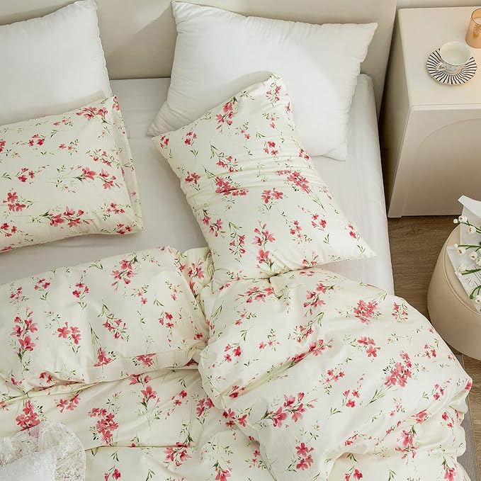 Boho Floral Duvet Cover Twin XL Soft Cotton Pink Floral Bedding Set Chic Garden Style Cute Flower Pattern Duvet Cover Vintage Floral Botanical Comforter Cover 1 Twin XL Duvet Cover with 2 Pillowcases
