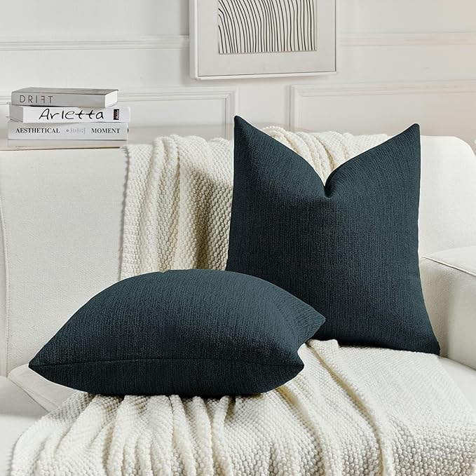 FUTEI Navy Blue Chenille Decorative Throw Pillow Covers 24x24 Inch Set of 2,Soft Cozy Faux Linen Textured European Pillow Shams,Farmhouse Home Decor for Couch Living Room