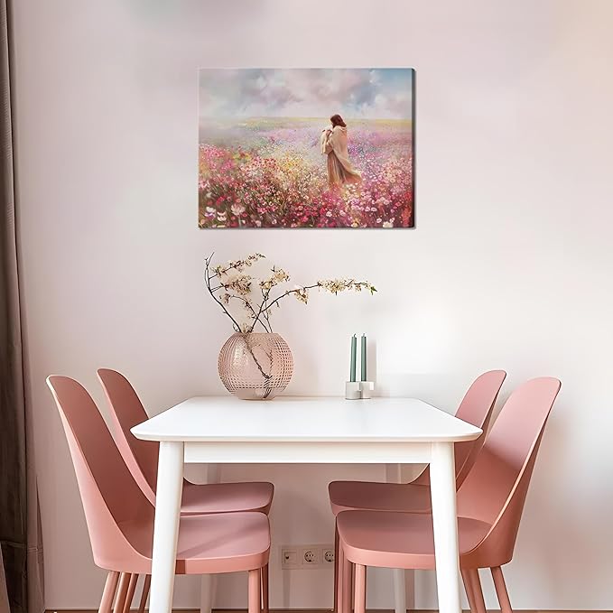Jesus Embraces Lamb Canvas Wall Art, Pink The Lost Lamb Christian Wall Decor Paintings, Jesus Leaves the 99 Sheep Bible Stories Posters Prints for Church Living Room Bedroom 16x24 Inch Framed