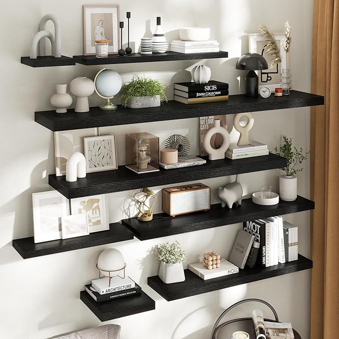 Floating Shelves for Wall with Invisible Brackets, Wall Mounted Engineered Wood Shelves with Wood Grain for Living Room, Bedroom, Bathroom, Kitchen Decor and Storage, Oak, 40"L Set of 2, Black