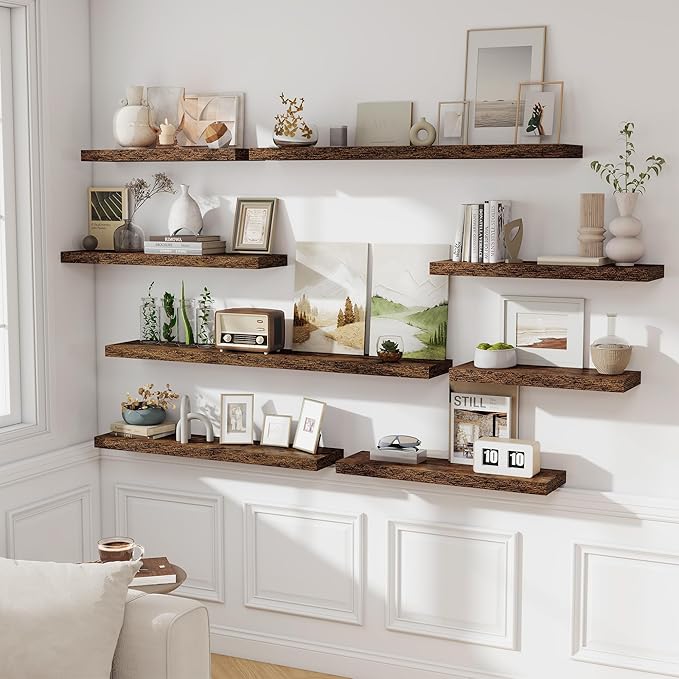 Floating Shelves for Wall - 2 Pack 30 Inch Long Rustic Wooden Display Shelves - 8 Inch Deep Wall Mounted Storage Shelf with Invisible Heavy-Duty Brackets for Books, Bathroom, Kitchen - Rustic Brown