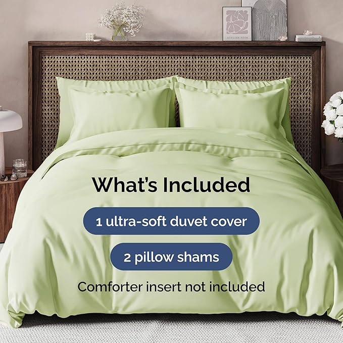 Duvet Cover King Size Set - Extra Soft King Size Duvet Cover 104 x 90 with 2 Pillow Shams - Hotel Quality and Fade Free w/Zipper Closures & Ties - Breathable Bedding Set (Light Sage Green)