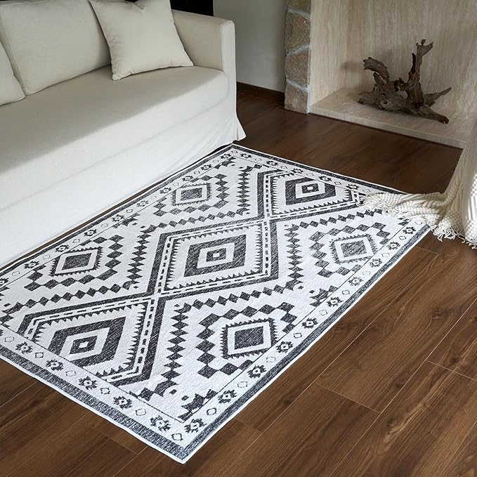 RAMEFILD Moroccan Washable Area Rug 4x6, Geometric Decorative Woven Rug Low Pile, Non-Slip Boho Accent Farmhouse Indoor Floor Carpet for Living Room Entryway Laundry Bedroom, Black and White