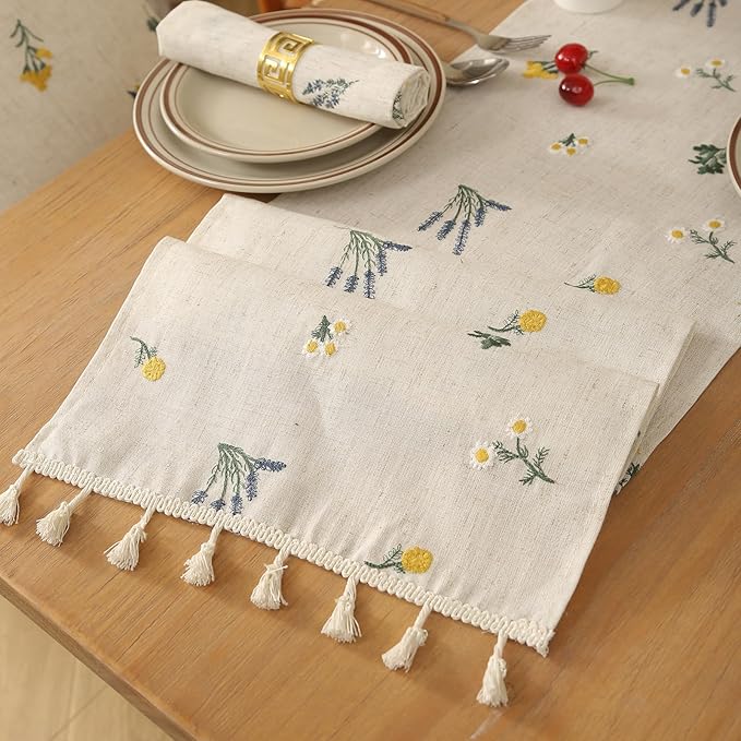 Boho Daisy Embroidered Linen Table Runner with Tassels Set of 1 Runner and 2 Placemats 12x96 Inches Flax Beige for Farmhouse Dining Table Buffet Nightstand Decor Home and Commercial Use
