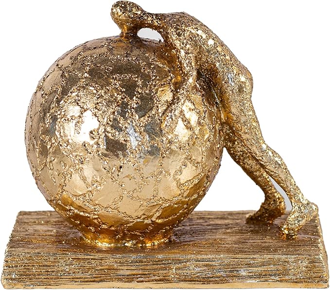 Art Deco Gold Sphere Sculpture, Struggler Figurine Decor, Ball Lifting Sculpture, Creative Ornament for Office Living Room, Resin 9in