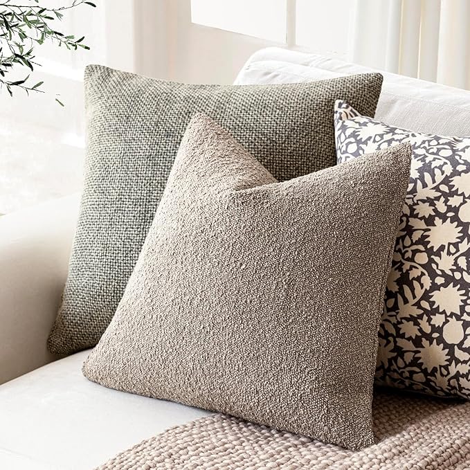 Foindtower Decorative Textured Boucle Throw Pillow Covers Accent Solid Pillow Cases Neutral Soft Cozy Couch Cushion Case for Chair Sofa Bedroom Living Room Home Decor 24x24 Inch,1PC,Light Taupe