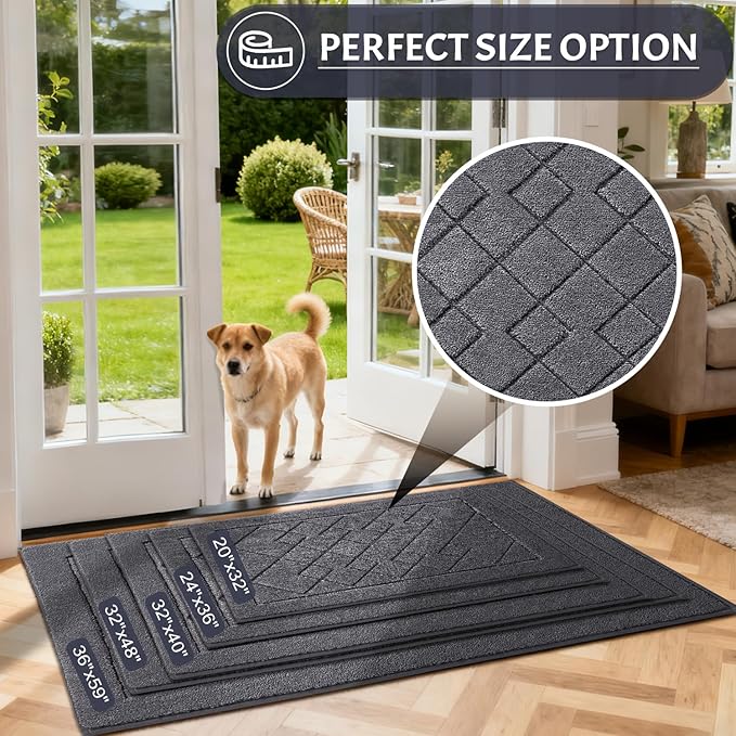 REFETONE Dirt Trapper Door Mat 20" x 32", Washable Indoor Doormat Rubber Backing Non Slip, Resist Dirt and Absorbent Entrance Mat, Low Profile Inside Floor Mats for Front Back Door and Entryway, Grey