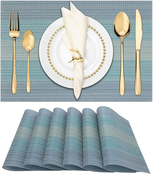 Winknowl Placemats Set of 6, Washable Vinyl Woven Placemats, Heat Resistant & Wipeable Table Mats for Kitchen Dining Table (Blue)