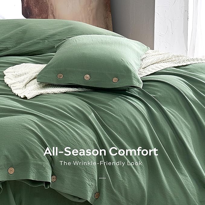 JELLYMONI 100% Washed Cotton Duvet Cover Twin – Soft, Breathable Linen-Look Bedding with Natural Wrinkle Texture, Button Closure, 2-Piece Set (Dusty Green, 68"x90")