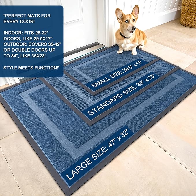 OLANLY Front Door Mat Indoor Outdoor Entrance, Waterproof All-Season, All-Weather Doormat, Sturdy Natural Rubber, Fade Resistant, Low Profile, Easy Clean Patio Porch Entryway Mat, 35x23, Light Blue