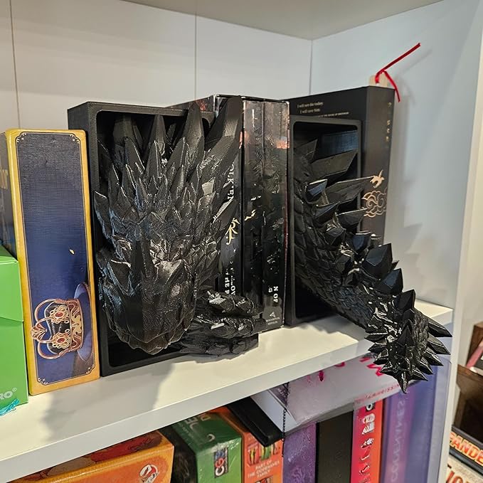 Dragons Awakening Book End – Fantasy Book Nook Insert for Dragon Readers – Unique Home Decor for Bookshelves & Libraries (Black - Head and Tail)