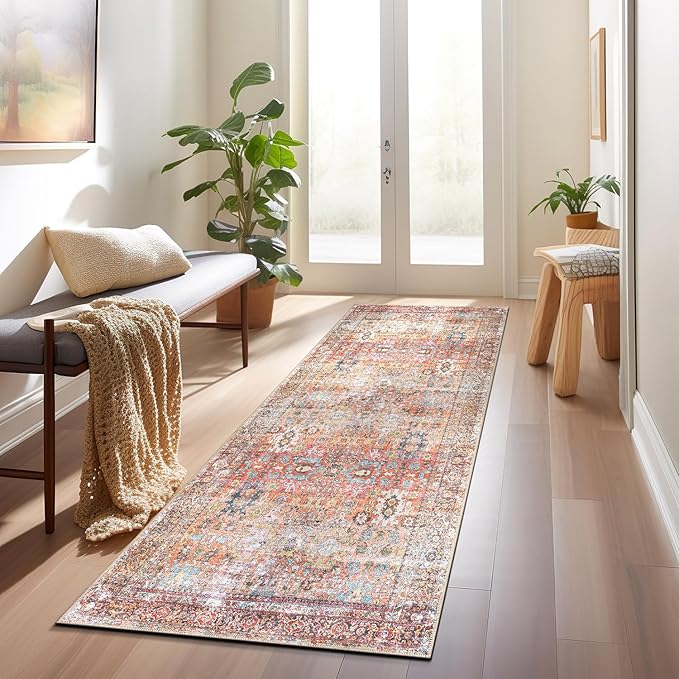 Rugshop Multi Transitional Distressed Runner Rug — Machine Washable & Non‑Slip, 2'6"x7' for Hallway, Entryway and Kitchen