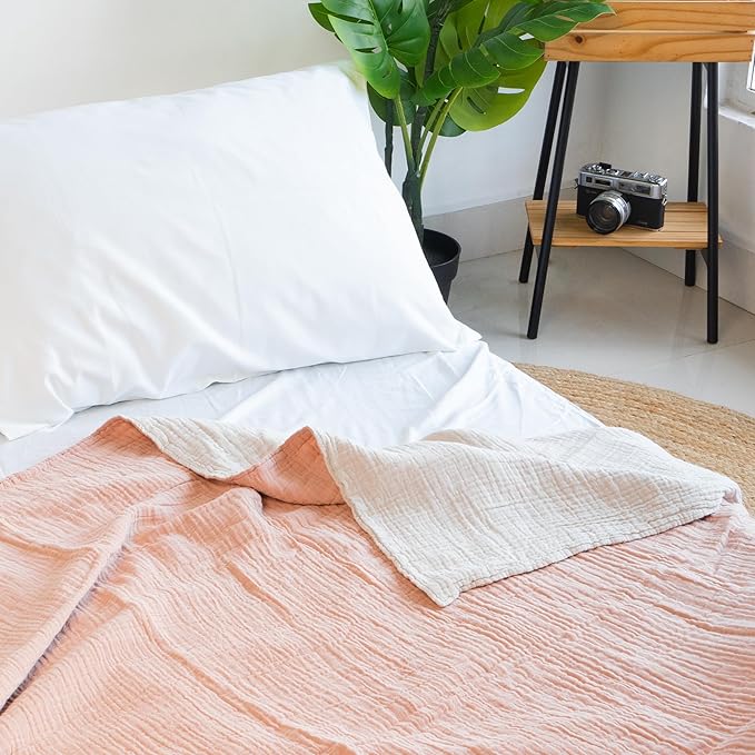 Salt Earth 100% Cotton Muslin Throw Blanket, 50"X60" 6 Layered Gauze Tassel Blanket Throw for Couch, Bed, Living Room, Home, Light Christmas Blanket and Throws for Christmas Gifts (Rose Dust/Moonbeam)