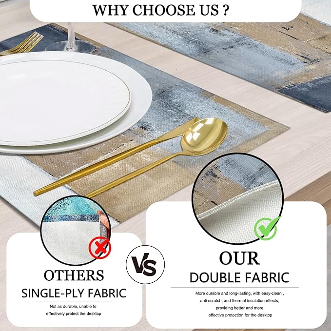 Mcalk Brown Table Runner and Placemats Set of 6, Abstract Dark Grey Placemats, Modern Cloth Place Mats Indoor for Kitchen,Washable Linen Material for Dining Table