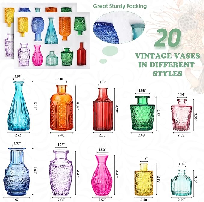 Inbagi 20 Pcs Glass Bud Vase Set - Colored Flower Vases Bulk, Vintage Embossed Decorative Bottles for Wedding Valentine Home Table Centerpieces Decor