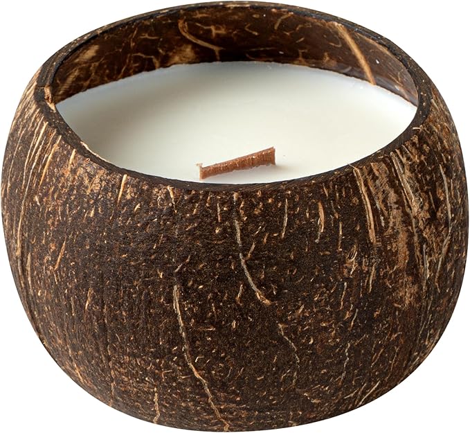 Restaurantware-Coco Casa 3.9 x 2.8 Inch Coconut Shell Candle, 1 Hand Poured Coconut Bowl Candle - Spring Hydrangea Fragrance, Double Wax Blend, Soy Wax Scented, Wooden Wick