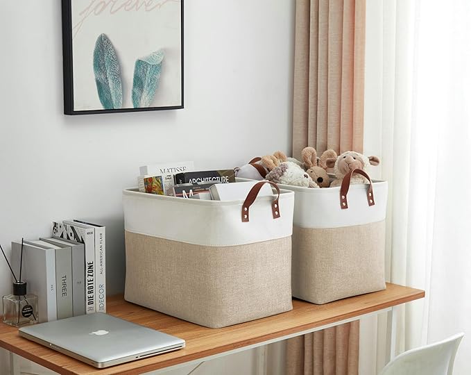 DECOMOMO Large Fabric Storage Baskets - Linen Closet Storage Bins with Handles for Laundry, Clothes, Home, Office (Beige & White, XXL - 3 Pack)