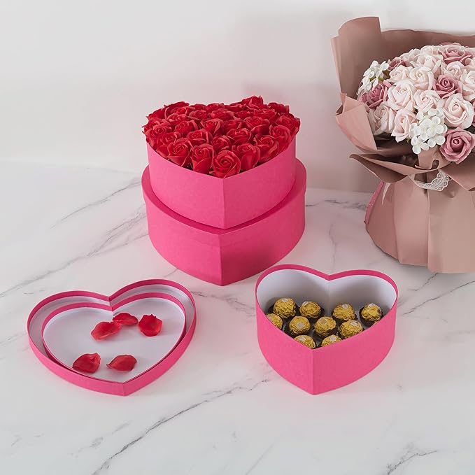 Soul & Lane Heart Shaped Gift Boxes: Set of 3 Empty Paper Mache Boxes with Lids for Flowers, Gifts, Chocolate Strawberries & Special Occasions, Cardboard Pink Heart Shaped Box for Arrangements