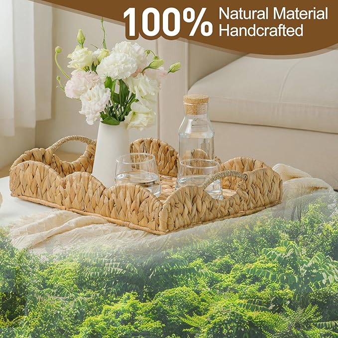 Water Hyacinth Serving Tray, Handwoven Woven Tray with Handles and Scalloped Edge, Rectangle Wicker Basket for Home Decor and Organizing, 17.3" L x 13.4" W x 3.6" H