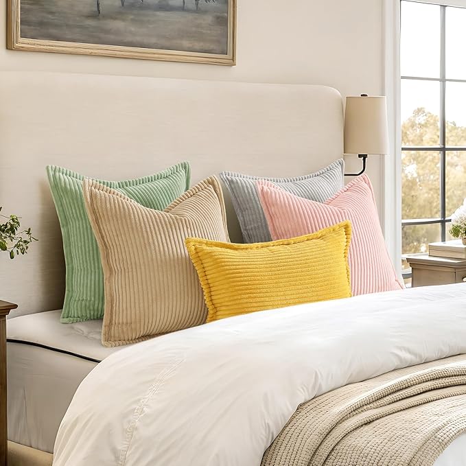 decorUhome Spring Corduroy Mustard Yellow Throw Pillow Covers 12x20 Set of 2 Decorative Soft Boho Farmhouse Lumbar Couch Pillow Covers for Living Room Bed Sofa Broadside Striped Pillow Cases