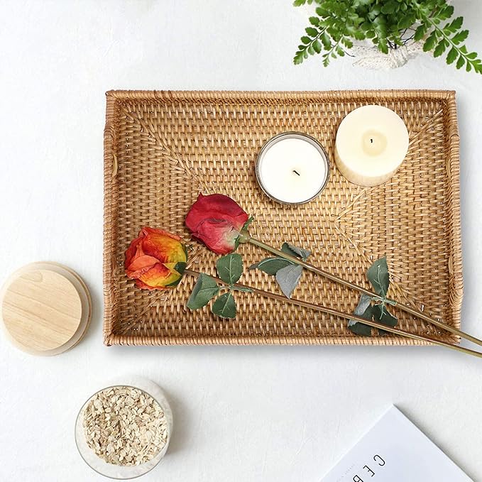 Hipiwe Rattan Serving Tray with Handles Hand-Woven Decorative Tray for Storage Breakfast, Drinks, Snack,Rectangular Basket Organizer Tray for Coffee Table, Home Decor (Large)